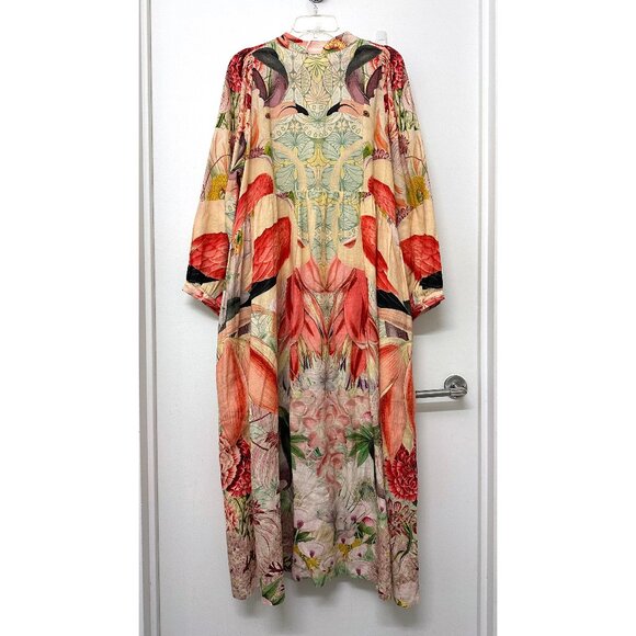 Carolina K Flamingo Bird Print Midi Shirt Dress Floral Tropical Red Linen L - Picture 8 of 13